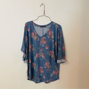 Blue Floral Cuffed Sleeve Knit Top
